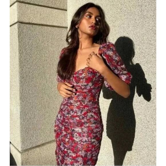 NWT Zara Floral Puff Sleeve Ruched Mini Dress Size XS - Picture 1 of 16